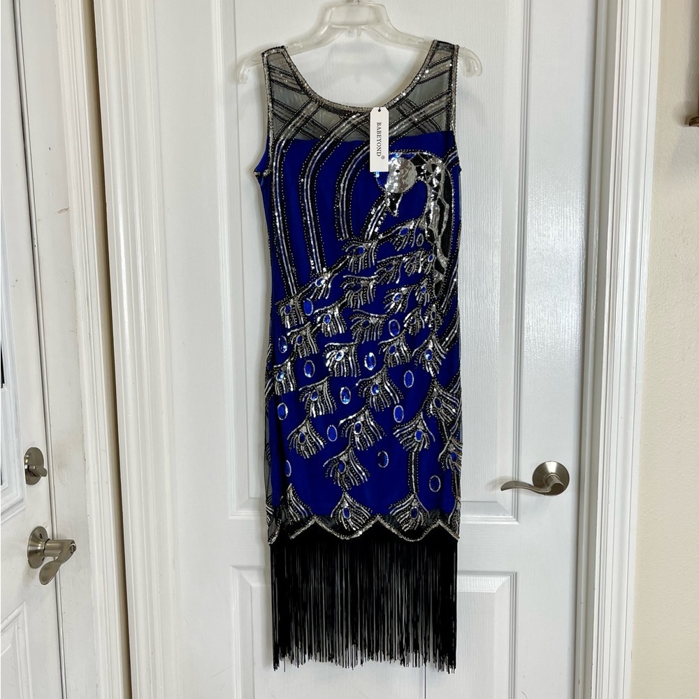 Babeyond Flapper Dress Peacock Sequin Fringe 1920s Gatsby S NWT - Picture 10 of 11